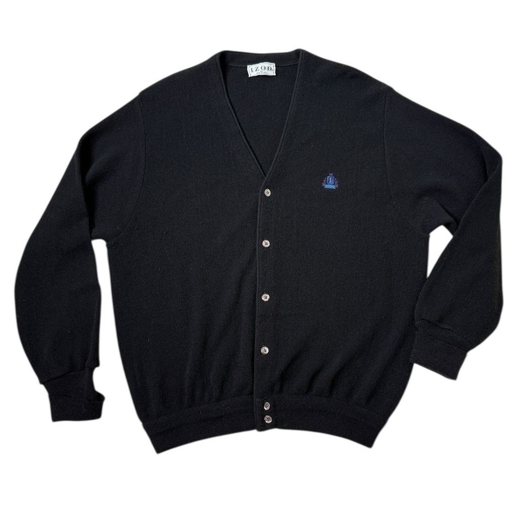 Vintage IZOD Cardigan Sweater XL Black Made in USA Crest Logo V-Neck Acrylic